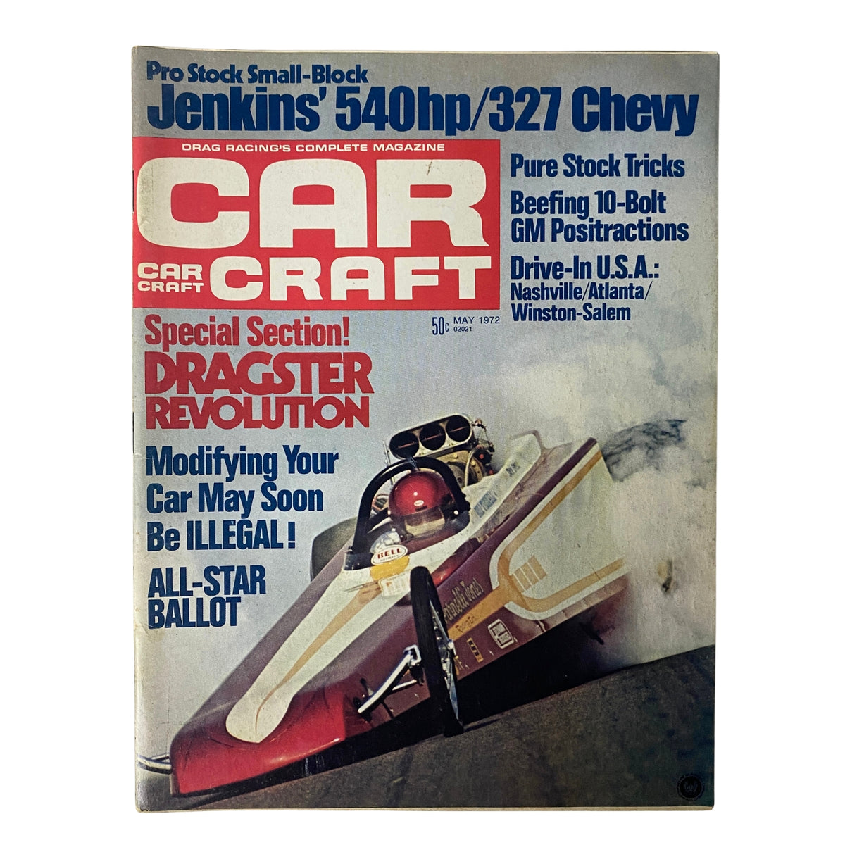 Car Craft Magazine May 1972 cover showcasing 'The Dragster Revolution', featuring a dragster on the front and highlighted articles. Volume 20, No. 5.