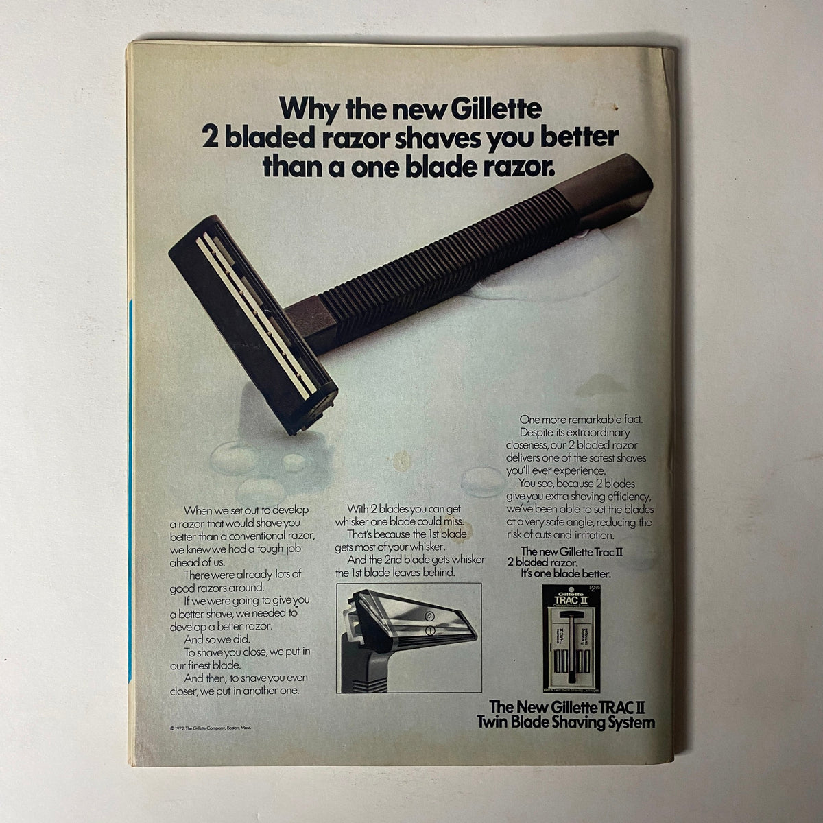 Back cover advertisement for Gillette's new twin-blade razor featured in Car Craft Magazine May 1972, Volume 20, No. 5.