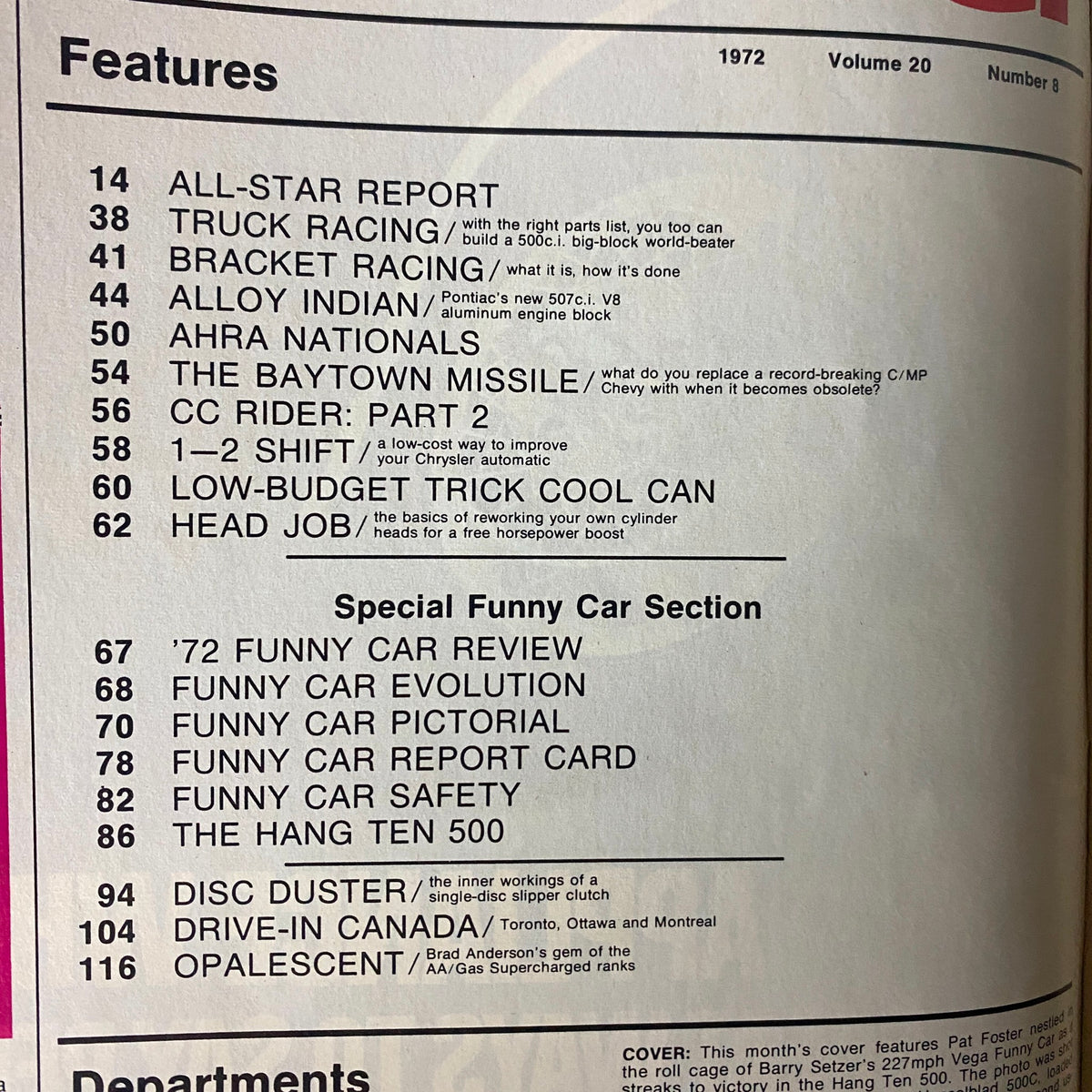 Contents page of Car Craft Magazine August 1972 Vol. 20 No. 8, listing features including truck racing, bracket racing, and a special Funny Car section.