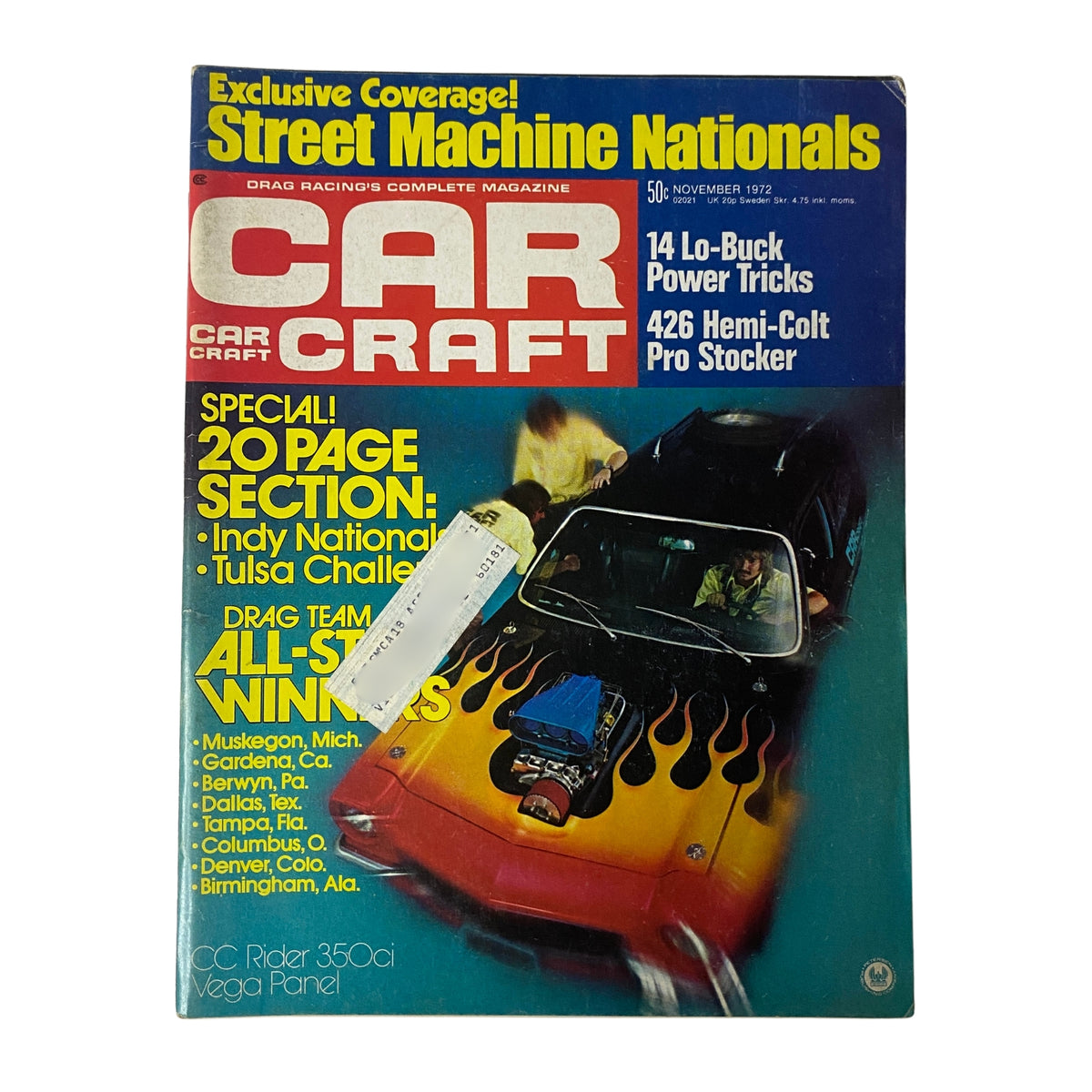 Car Craft Magazine November 1972 Vol 20 No. 11 featuring coverage of the Street Machine Nationals with a vibrant car on the cover showcasing high-performance features.