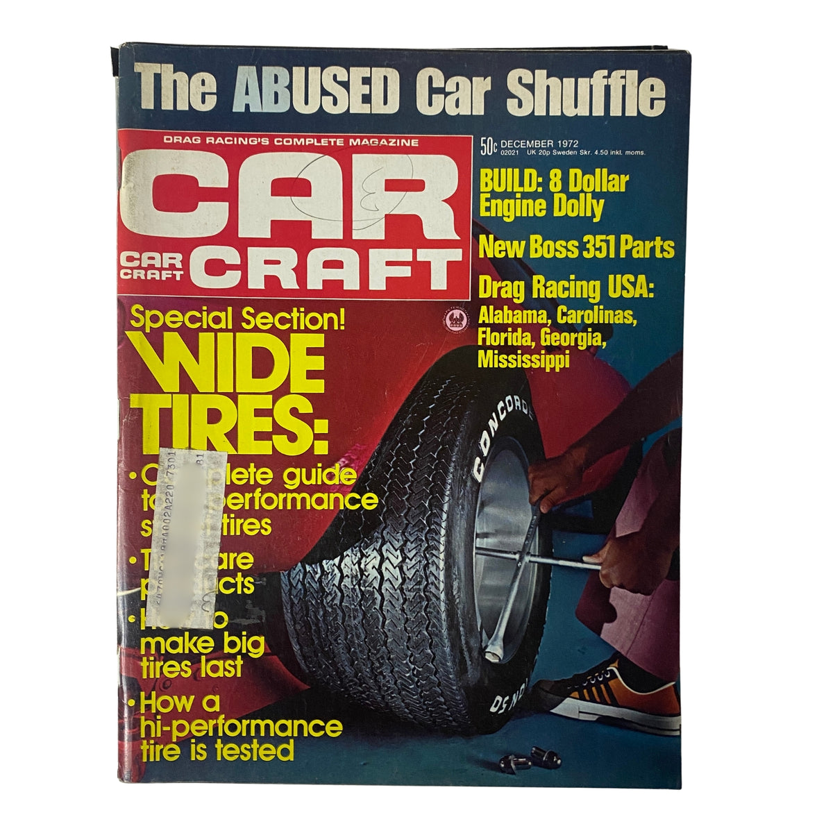 Car Craft Magazine December 1972 Vol 20 No. 12 cover featuring the headline 'The ABUSED Car Shuffle' and a special section on Wide Tires, showcasing a drag racing theme.