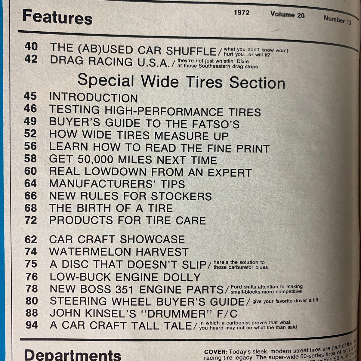 Contents page of Car Craft Magazine December 1972 Vol 20 No. 12, listing features including 'The (AB)USED Car Shuffle' and 'Special Wide Tires Section' with various articles on tire performance and care.