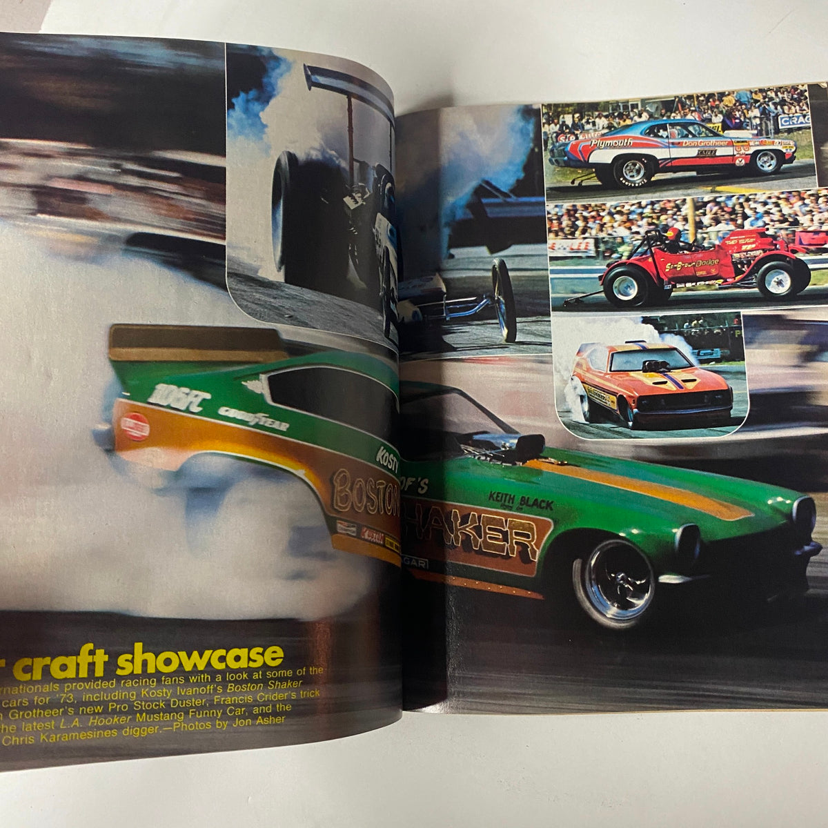 Action shots of drag racing in Car Craft Magazine June 1973 including classic cars and performance vehicles, illustrating the excitement of drag racing culture.