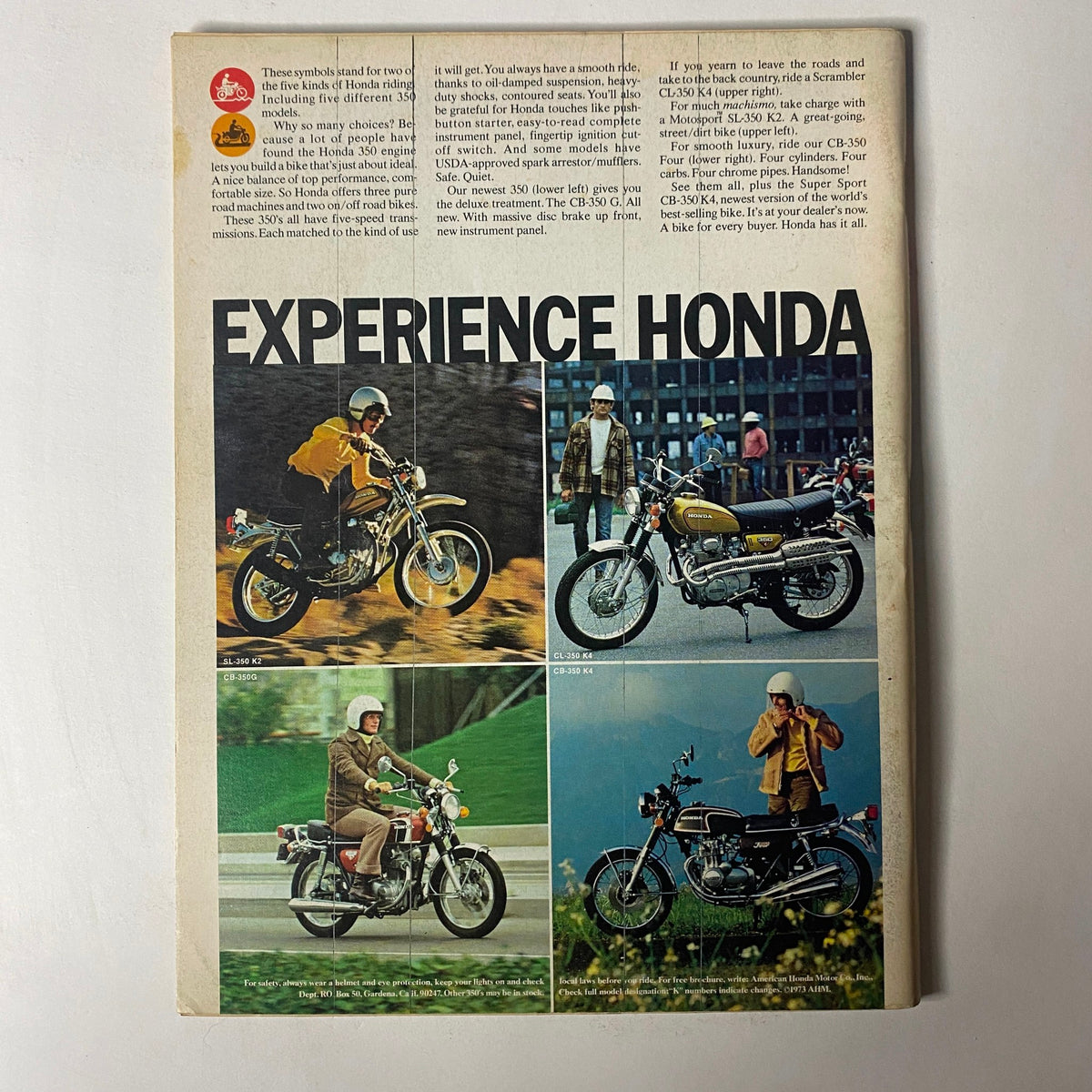 Experience Honda advertisement featuring various motorbikes, showcasing motorcycle enthusiasts and the joy of riding. This image is part of the Car Craft Magazine June 1973 issue, which includes drag tests and performance tips for Street V8, Vega, and Hornet models.