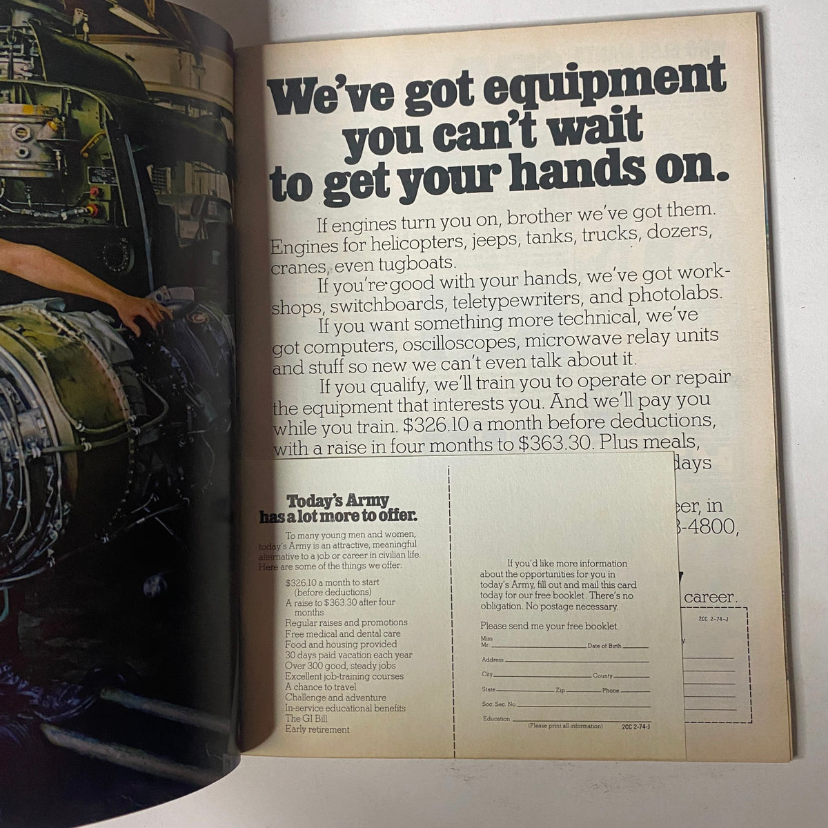 Advertisement in Car Craft Magazine, February 1974, Vol 22 No. 2 highlighting equipment for engines and career opportunities in aviation and mechanics.