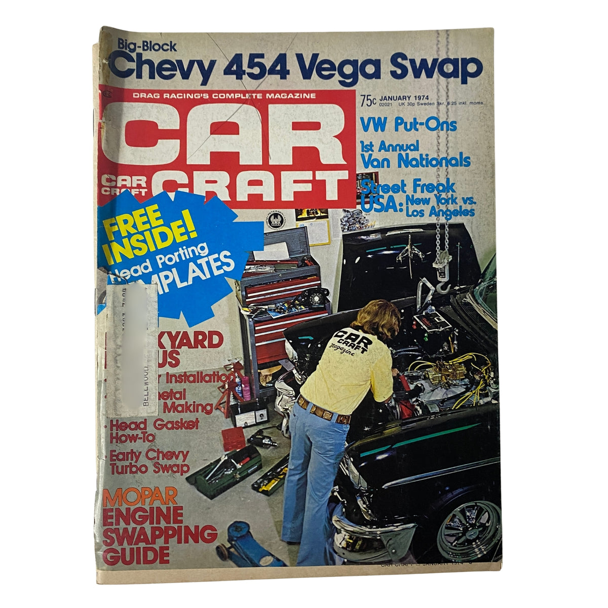 Car Craft Magazine January 1974 Vol 22 No. 1 featuring an Engine Swapping Guide with a cover showcasing a Chevy 454 Vega swap and various automotive topics.