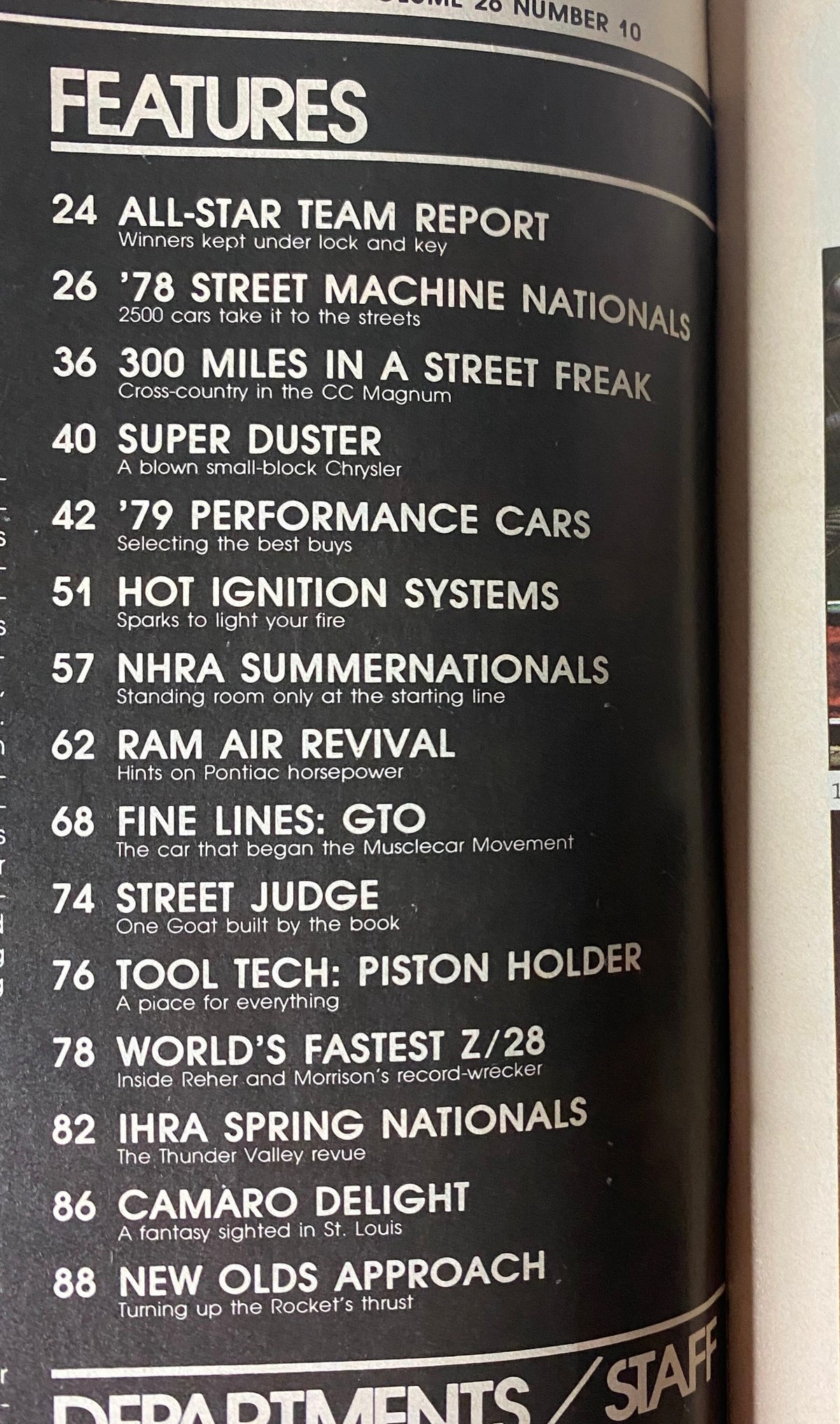 Interior page of Car Craft Magazine October 1978 showcasing features and articles, including '78 Super Nationals, Ignition Systems, and Performance Cars, emphasizing high-speed automotive culture.