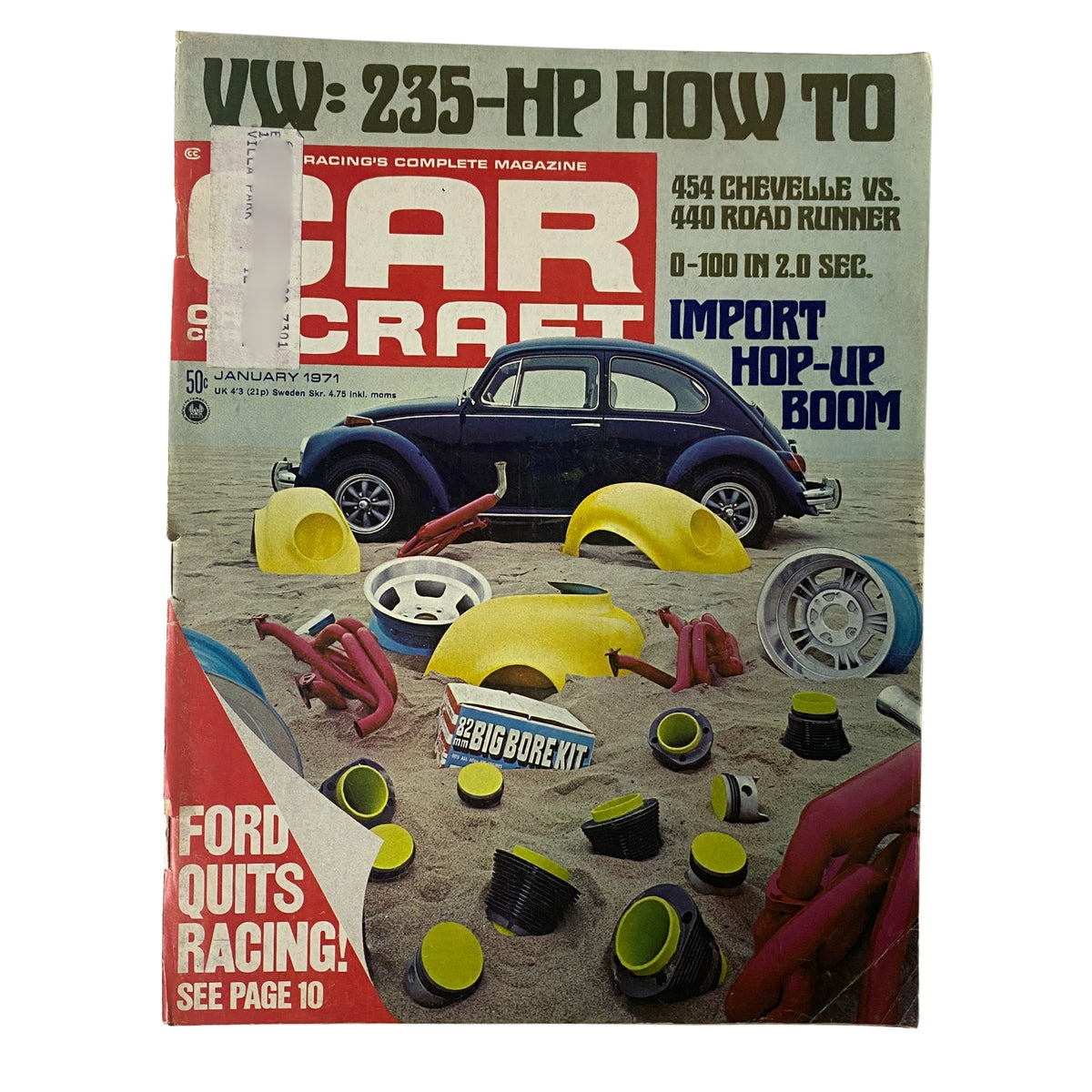 Cover of Car Craft Magazine, January 1971, Vol. 19, No. 1 featuring a VW Beetle with performance parts, headline on Chevelle vs Road Runner drag test.