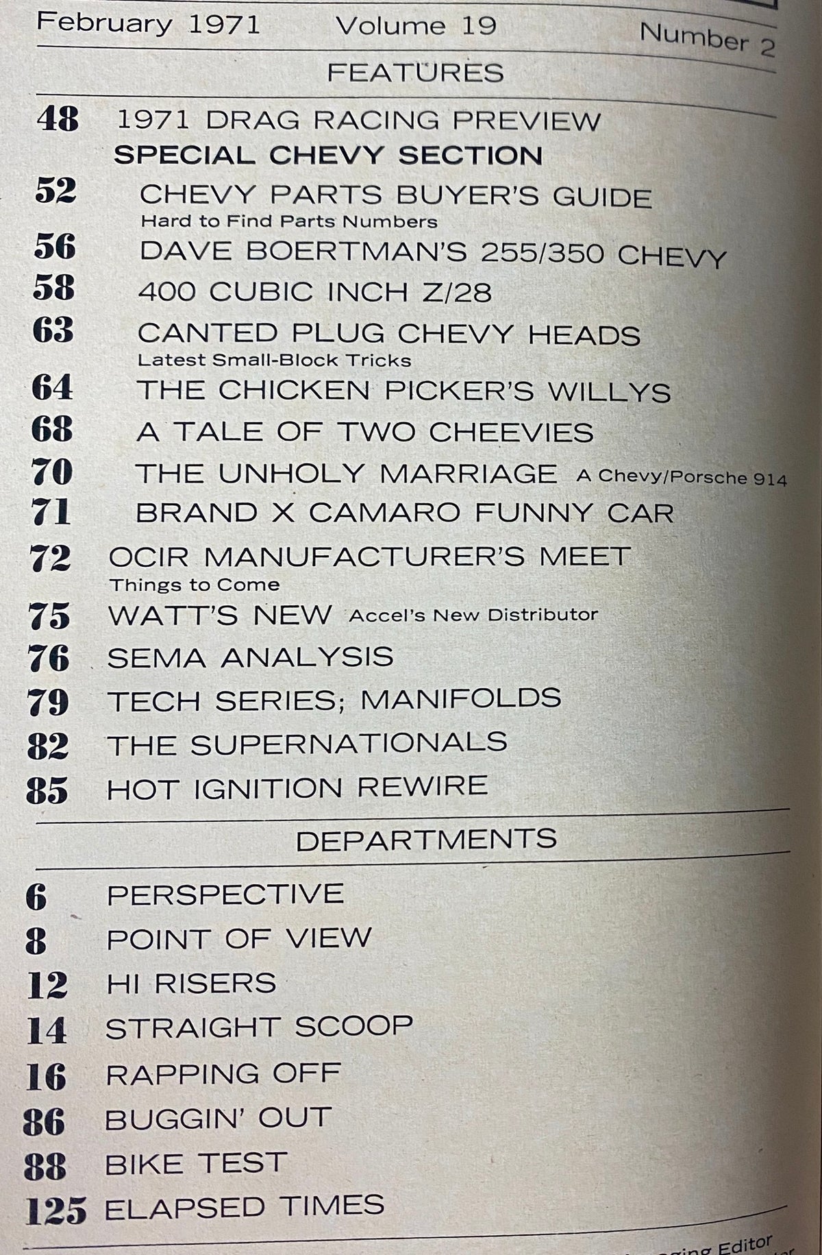 Table of contents from Car Craft Magazine February 1971 Vol 19 No. 2 listing features like Chevy Parts Buyer’s Guide and highlights on The Chicken Picker’s Willys.