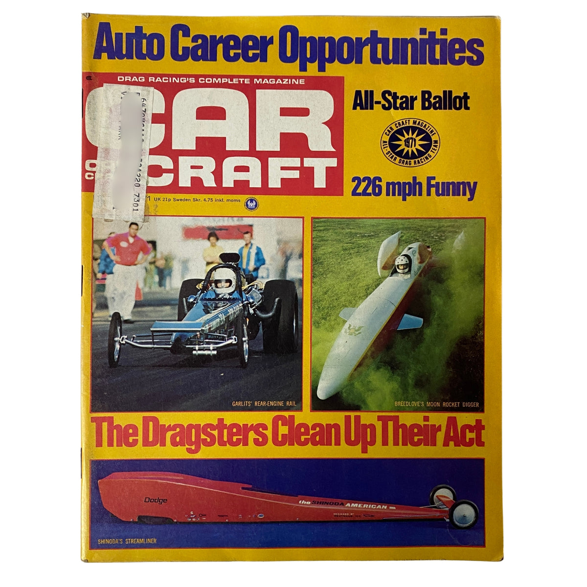 Cover of Car Craft Magazine May 1971 Vol 19 No. 5, featuring drag racing highlights and images of a funny car and rocket dragster, titled 'The Dragsters Clean Up Their Act'.