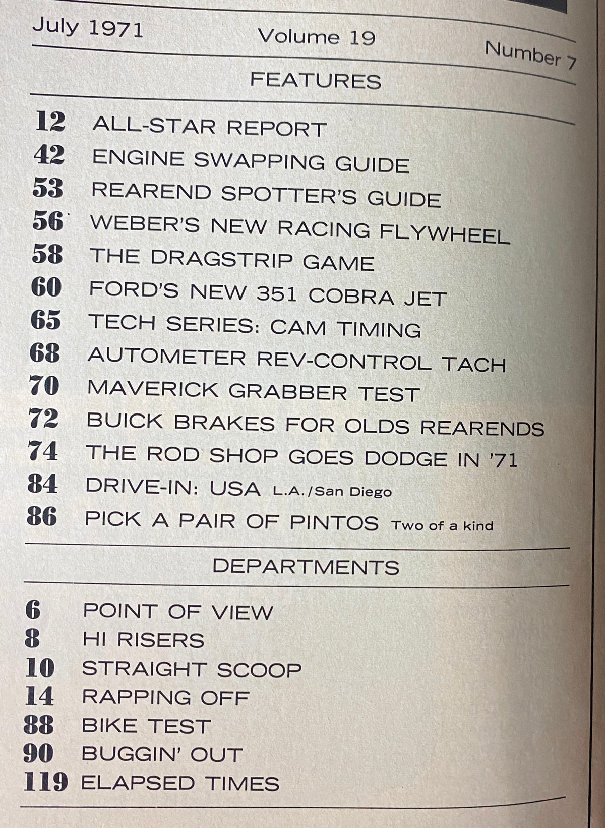 Table of contents from Car Craft Magazine July 1971, Vol 19 No. 7, outlining featured articles including All-Star Report, Engine Swapping Guide, and Ford's New 351 Cobra Jet.