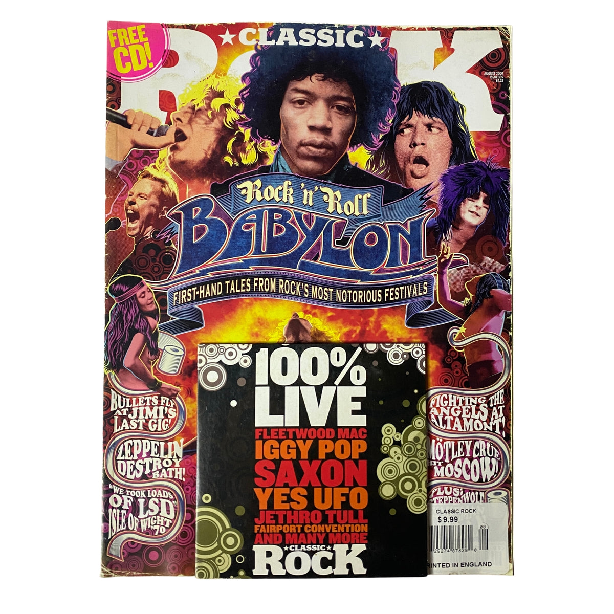 Cover of Classic Rock Magazine August 2007 featuring Jimi Hendrix and Mick Jagger, highlighting iconic rock legends with the headline 'Rock 'n' Roll Babylon' and a mention of a free CD. The magazine is in very good condition with vibrant colors and features references to classic rock festivals.
