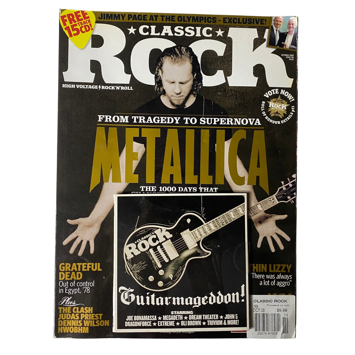 Cover of Classic Rock Magazine October 2008 featuring Metallica and James Hetfield with covermount CD. Highlights classic rock content and pivotal moments in music history.