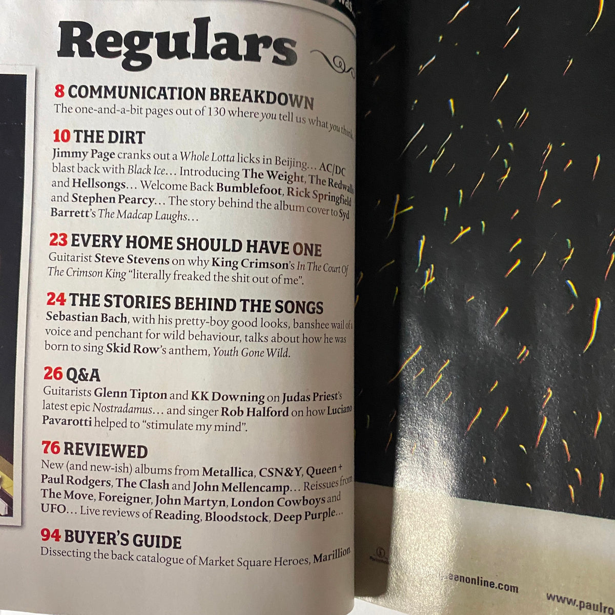 Inside Classic Rock Magazine October 2008 detailing feature articles including 'Every Home Should Have One' and 'The Stories Behind the Songs'.