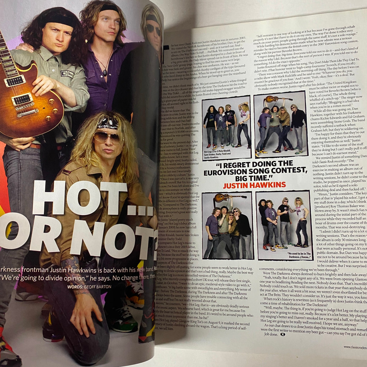 Section from Classic Rock Magazine October 2008 highlighting an article on Justin Hawkins and 'Hot or Not' feature in music.