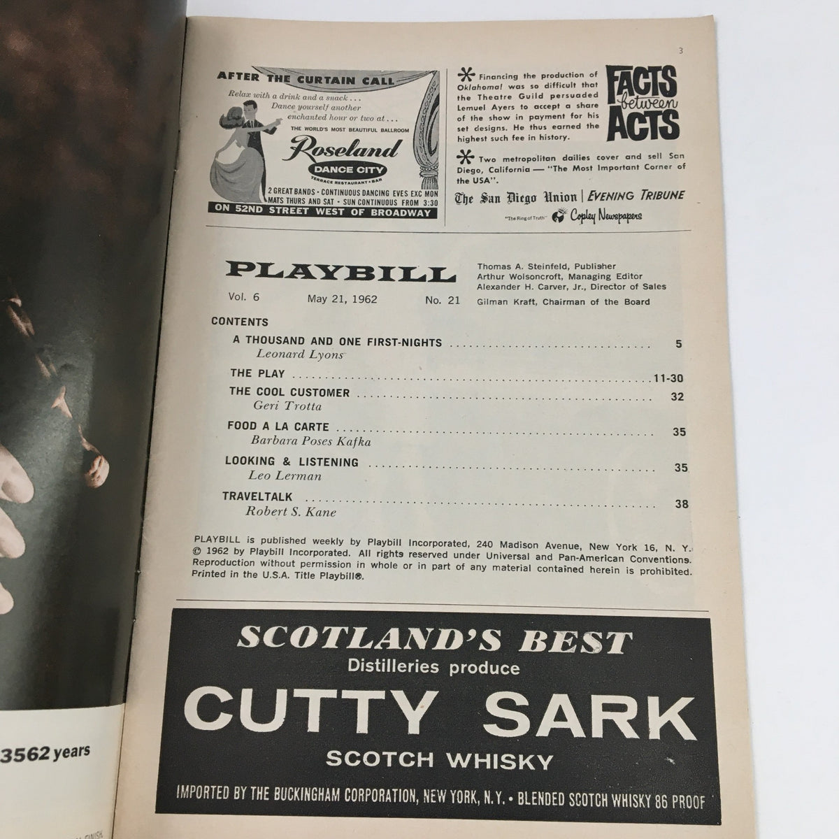 Inside view of the 1962 Playbill for Milk and Honey, including contents and advertising, from the Martin Beck Theatre.