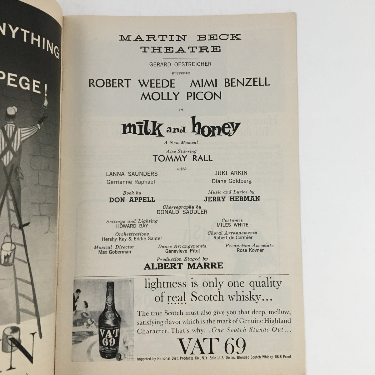 Details page from the 1962 Playbill for Milk and Honey, highlighting cast and creative team, presented at Martin Beck Theatre by Gerard Oestreicher.