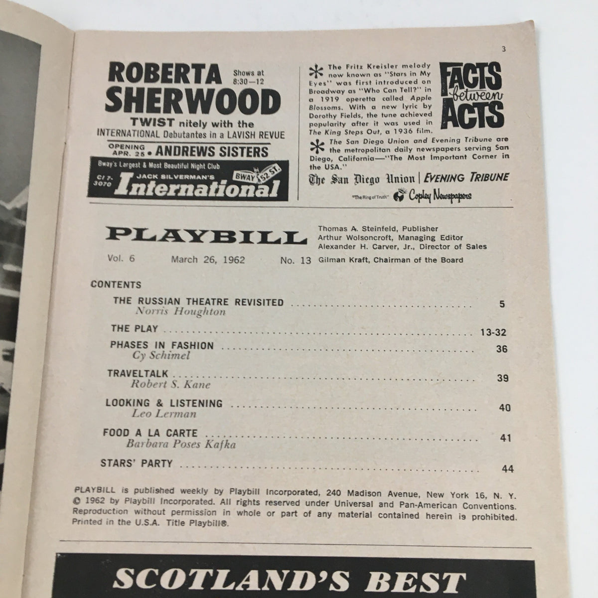 Inside page of the 1962 Playbill for The Night of the Iguana listing other shows and articles from the March 26, 1962 edition.