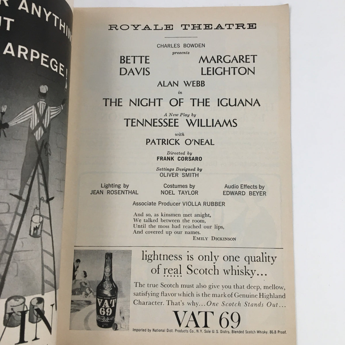 Inside advertisement of the 1962 Playbill for The Night of the Iguana featuring production details such as cast and crew names.