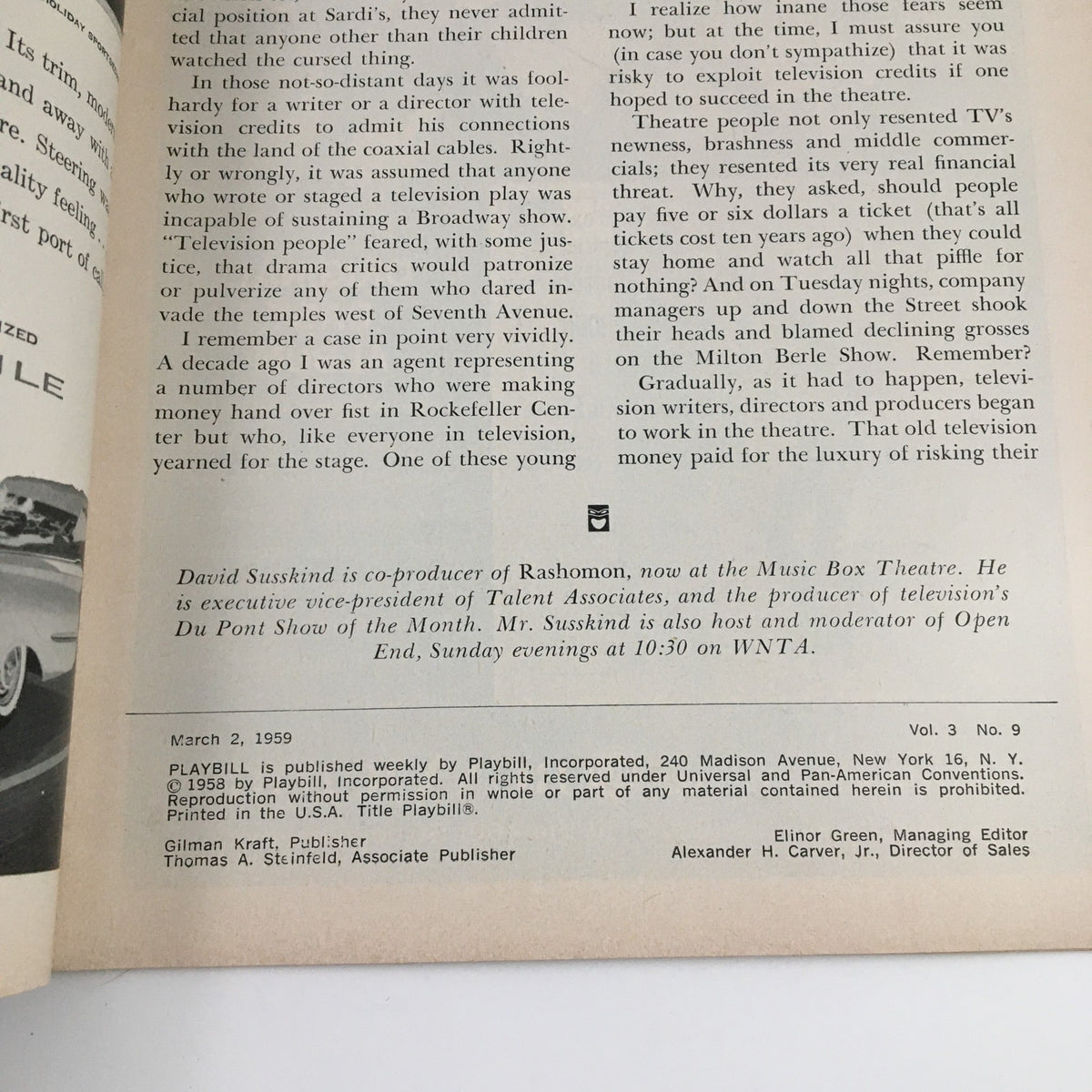 Inside page of the 1959 Playbill for The Music Box presenting Rod Steiger in Peter Glenville's Rashomon, featuring a detailed article about the production and cast.