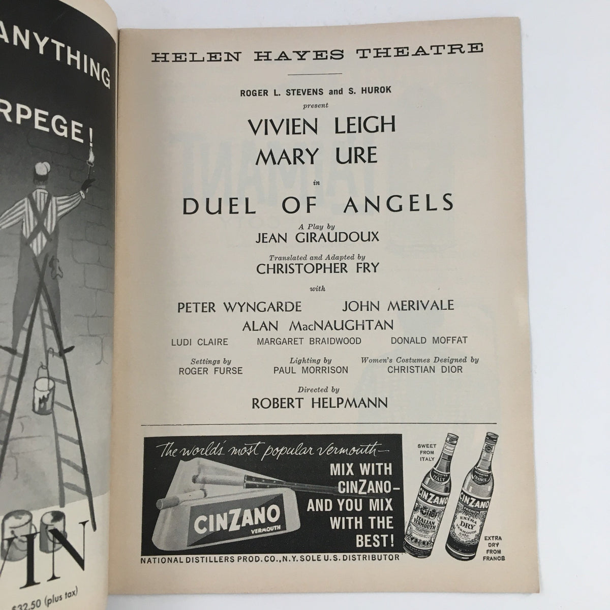 Inside page of the 1960 Playbill for Duel of Angels featuring Vivien Leigh, detailing the cast and production credits at the Helen Hayes Theatre.