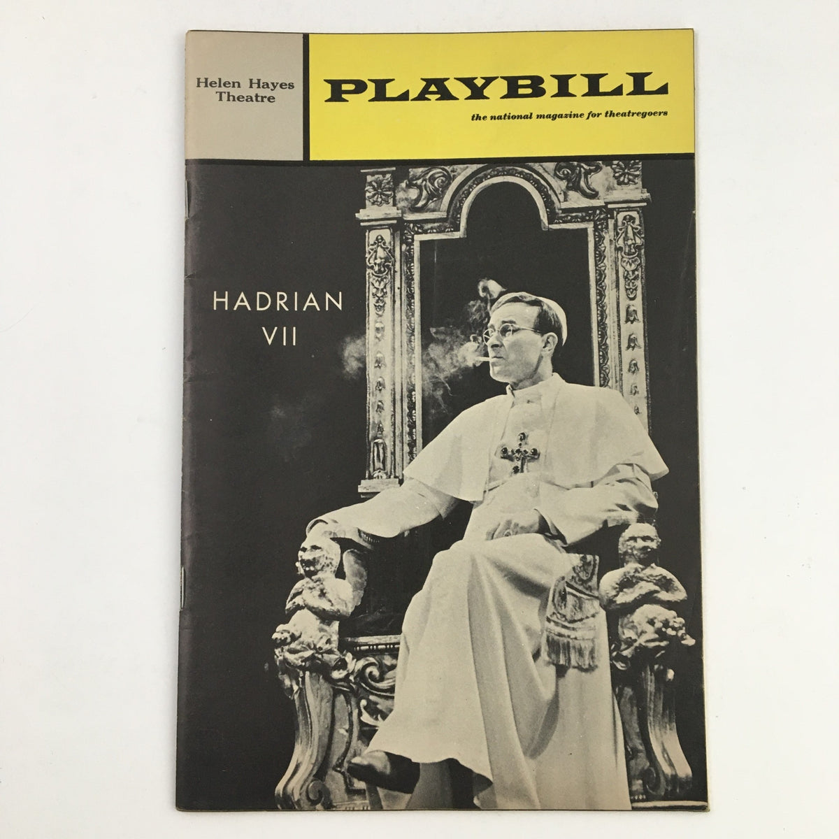1969 Playbill featuring Alec McCowen in Hadrian VII at Helen Hayes Theatre, showcasing a vintage theater cover with a dramatic image.