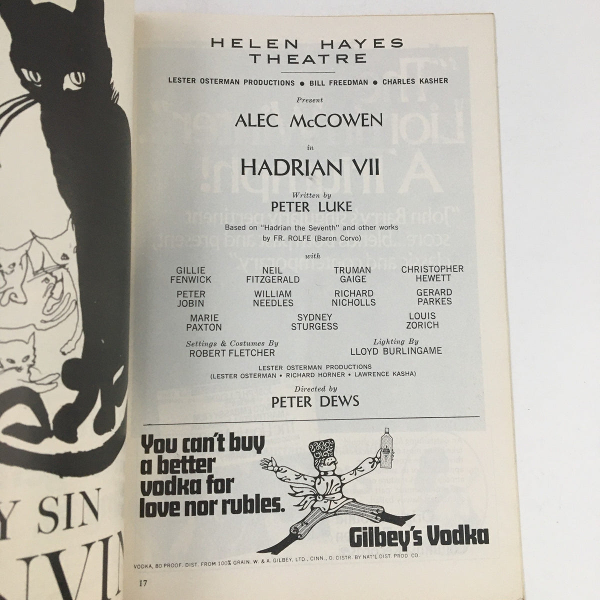Another interior page of the 1969 Playbill featuring credits and details of the play Hadrian VII, starring Alec McCowen at Helen Hayes Theatre.