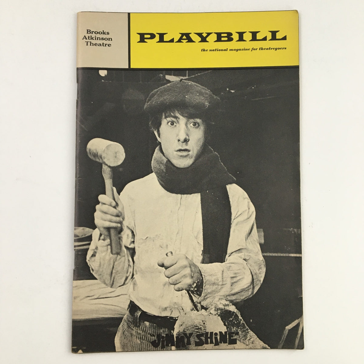 1969 Playbill featuring Dustin Hoffman in the role from "Jimmy Shine" at Brooks Atkinson Theatre, showcasing a black-and-white image of Hoffman holding a hammer.