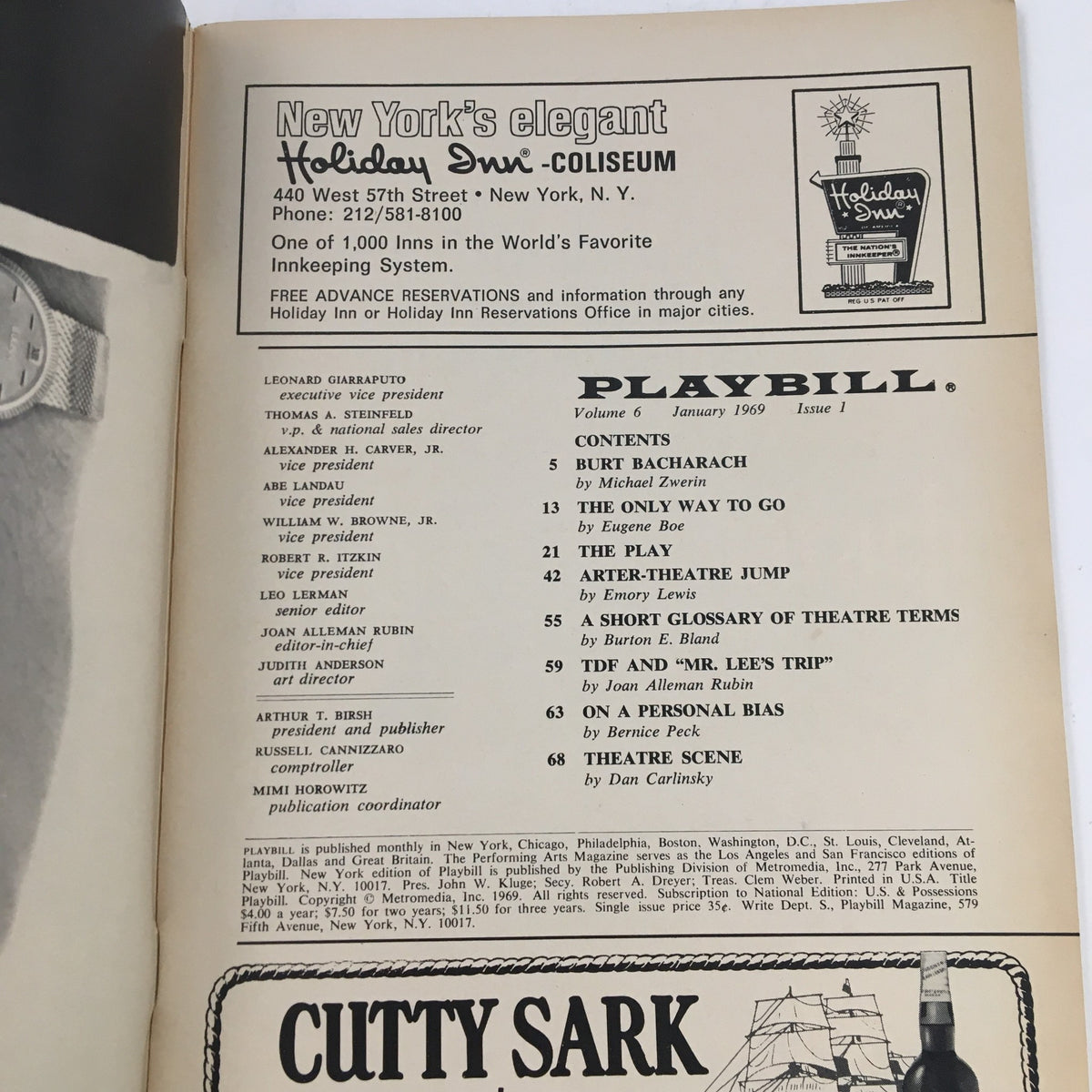 Interior page of the 1969 Playbill from Brooks Atkinson Theatre, highlighting contents and historical details of various theatrical performances including "Jimmy Shine."