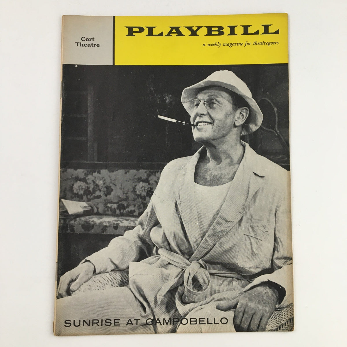 1958 Playbill for the Cort Theatre featuring Ralph Bellamy in Sunrise at Campobello, showcasing a vintage cover image of the actor.
