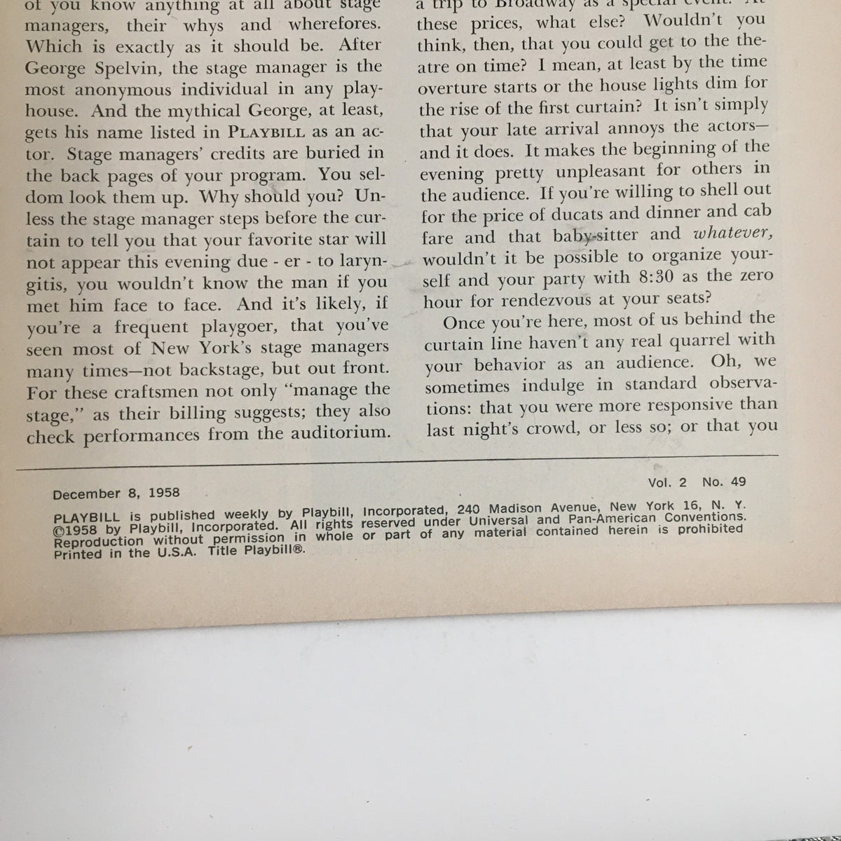 Vintage 1958 Playbill from Cort Theatre featuring Ralph Bellamy in the production "Sunrise at Campobello," showcasing period details and promotional content.