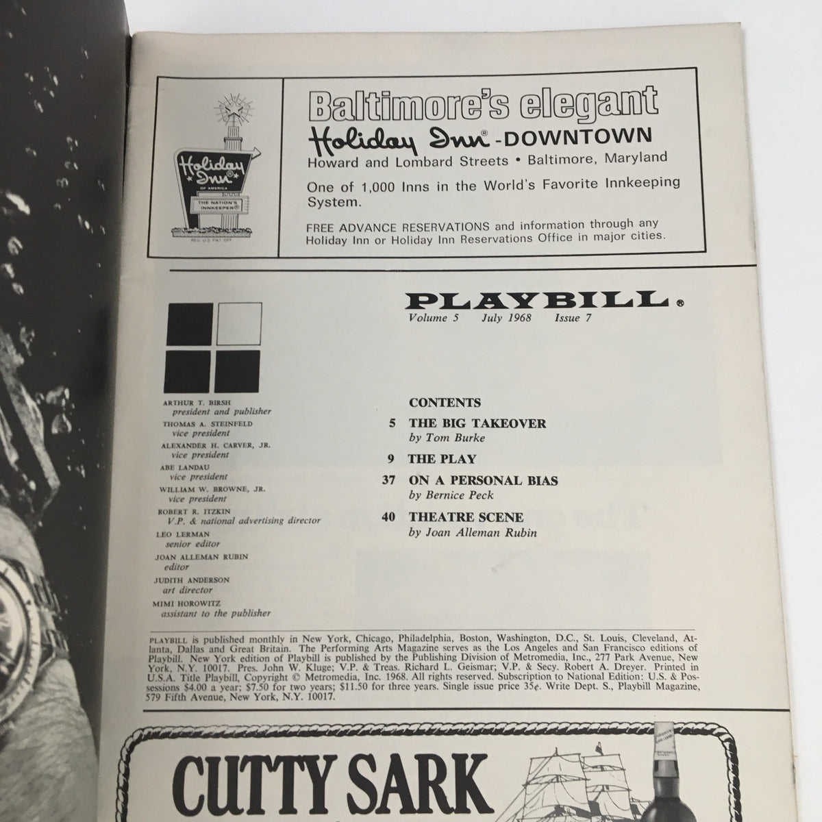 Interior page of the 1968 Playbill for Plaza Suite, including the table of contents and advertisements, highlighting details of the theatrical production at The Plymouth Theatre.