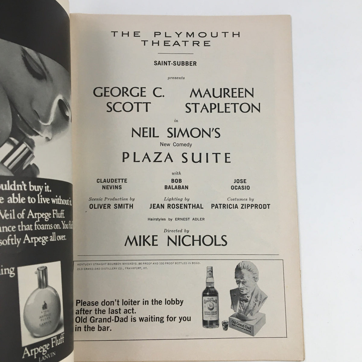 1968 Playbill from The Plymouth Theatre featuring George C. Scott and Maureen Stapleton in Neil Simon's Plaza Suite, showcasing details of the performance and production crew.