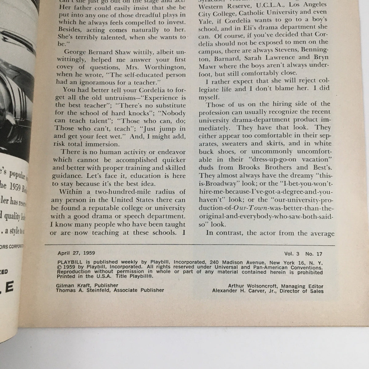 Inside page of the 1959 Playbill National Theatre, showcasing details about the cast and production of 'Once More, With Feeling'.