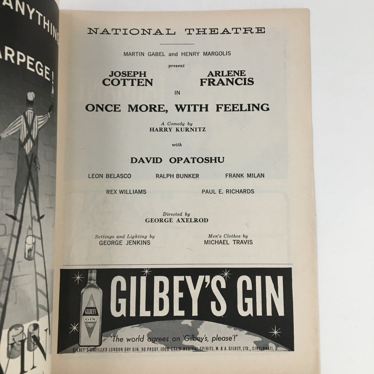 Back cover of the 1959 Playbill National Theatre, displaying advertisements and promotional content related to the show 'Once More, With Feeling'.