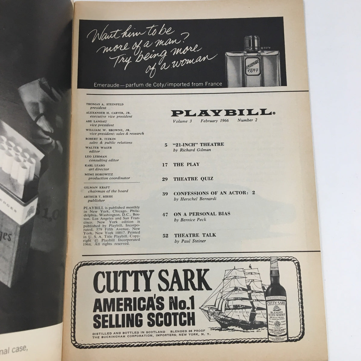 Inside page of the 1966 Playbill for Hostile Witness, displaying the index and advertisements relevant to the Broadway production.