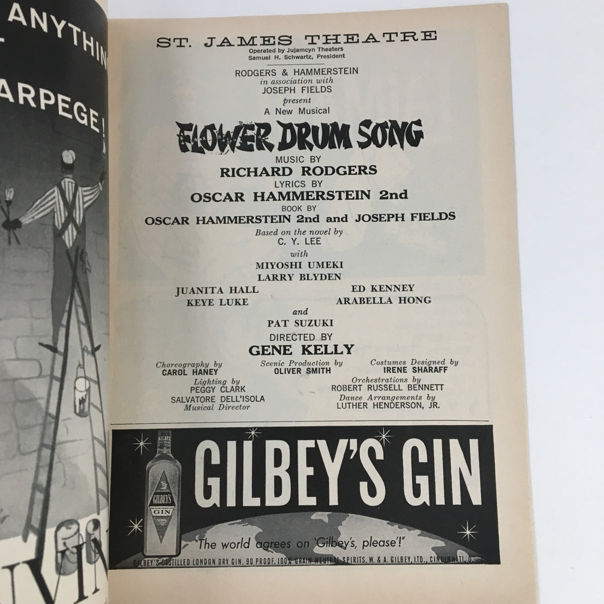 1959 Playbill for Flower Drum Song presented at St. James Theatre, featuring music by Richard Rodgers, lyrics by Oscar Hammerstein II, and directed by Gene Kelly. Includes cast details and historical theatrical significance.