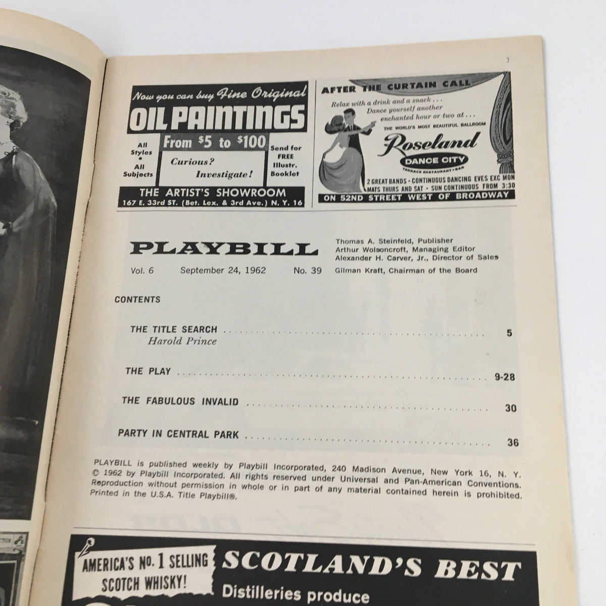 Inside view of the 1962 Playbill for Camelot, detailing contents and advertisements, showcasing the historical significance of the production at Majestic Theatre.