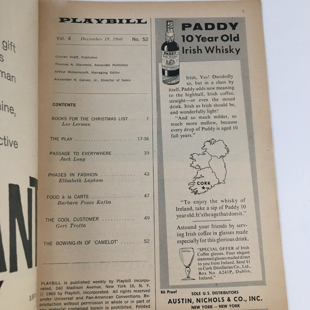 Inside page of the 1960 Playbill showing an advertisement for Paddy 10 Year Old Irish Whisky, showcasing the magazine's vintage charm.