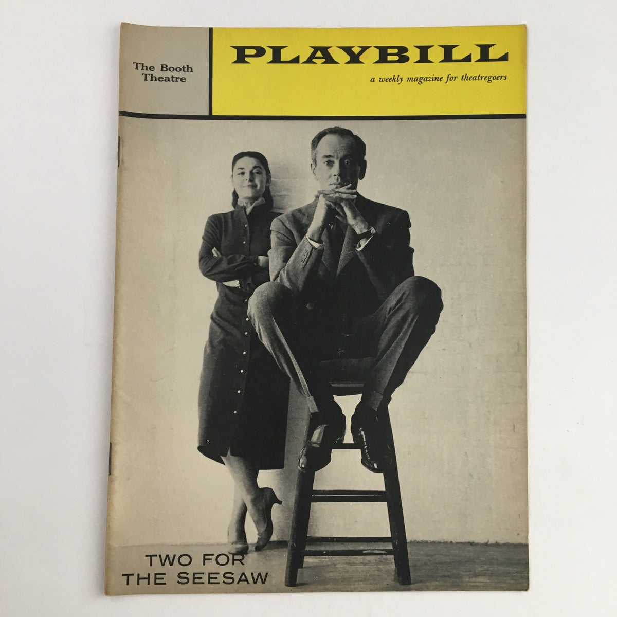 1958 Playbill for Two For The Seesaw featuring Henry Fonda and Anne Bancroft, showcasing classic theater design from the Booth Theatre.
