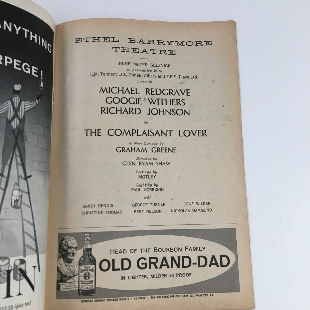 Inside page of the 1961 Playbill from Ethel Barrymore Theatre showcasing 'The Complaisant Lover' featuring cast members Michael Redgrave and Googie Withers.