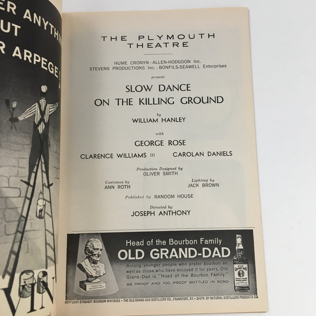 Page from the 1964 Playbill The Plymouth Theatre presenting 'Slow Dance On The Killing Ground' by William Hanley, including cast and crew details.