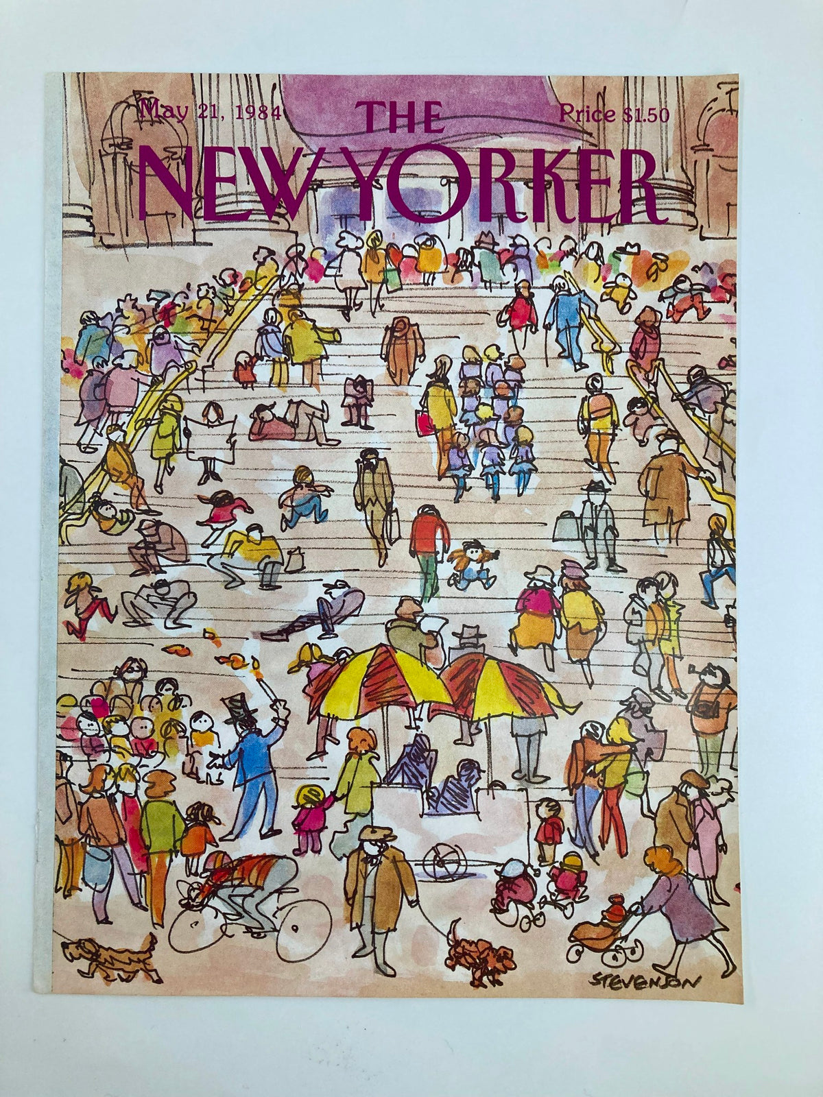The New Yorker Cover May 21 1984 - The Crowd by James Stevenson, showcasing an artistic depiction of a vibrant crowd with people engaging in different activities in an outdoor setting.
