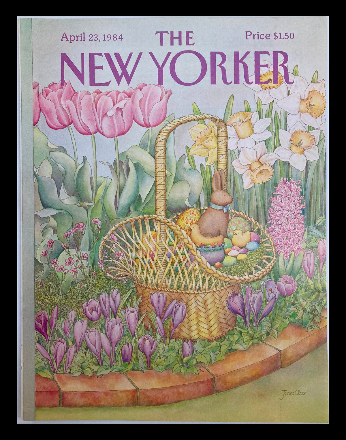 COVER ONLY The New Yorker April 23 1984 Easter Bunny Basket by Jenni Oliver, featuring a vibrant illustration of a wicker basket filled with Easter eggs and a bunny, surrounded by colorful tulips and flowers.