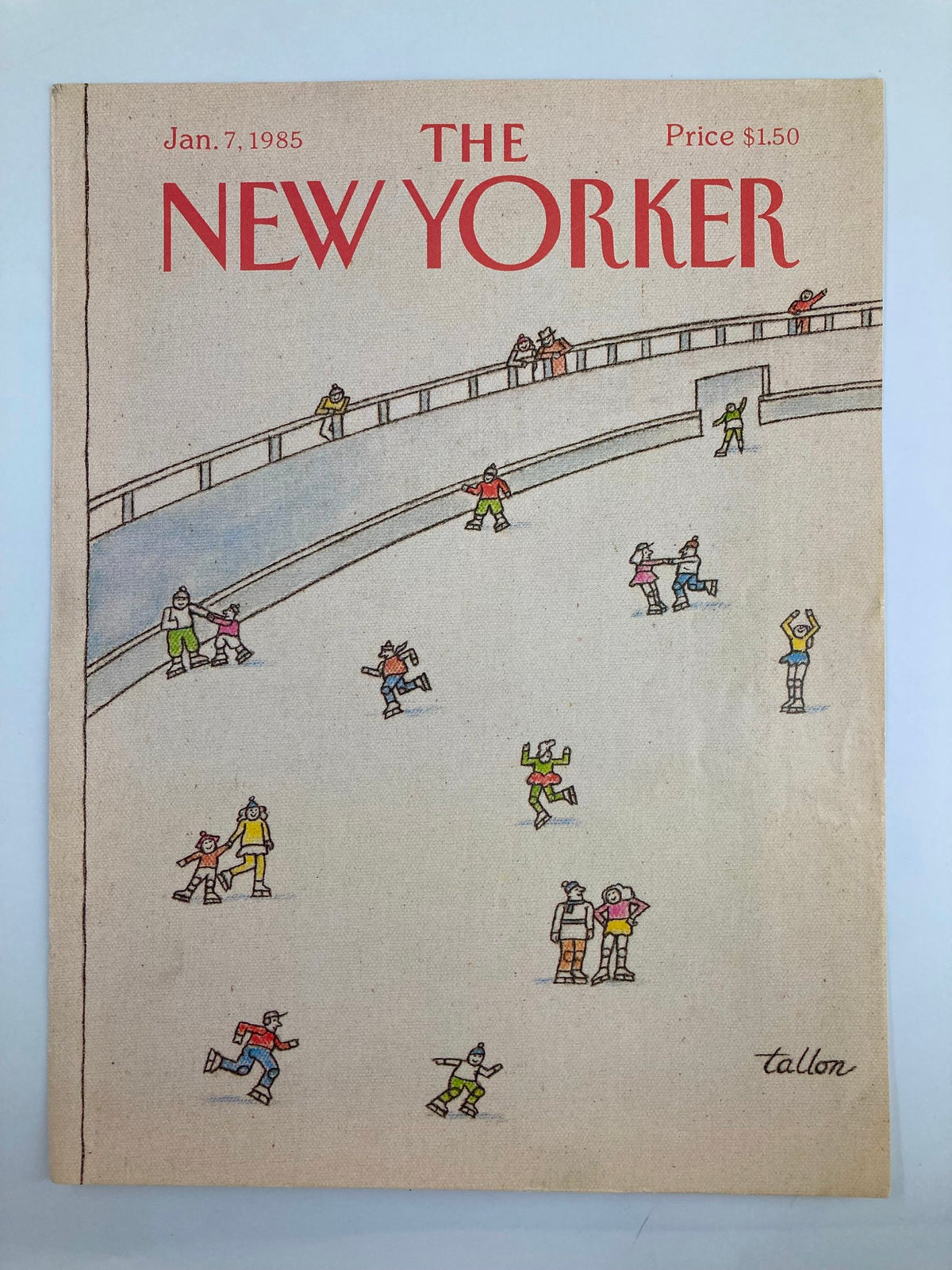 The New Yorker January 7 1985 cover showcasing 'The Ice Storm' by Robert Tallon, illustrating a winter scene with individuals ice skating.