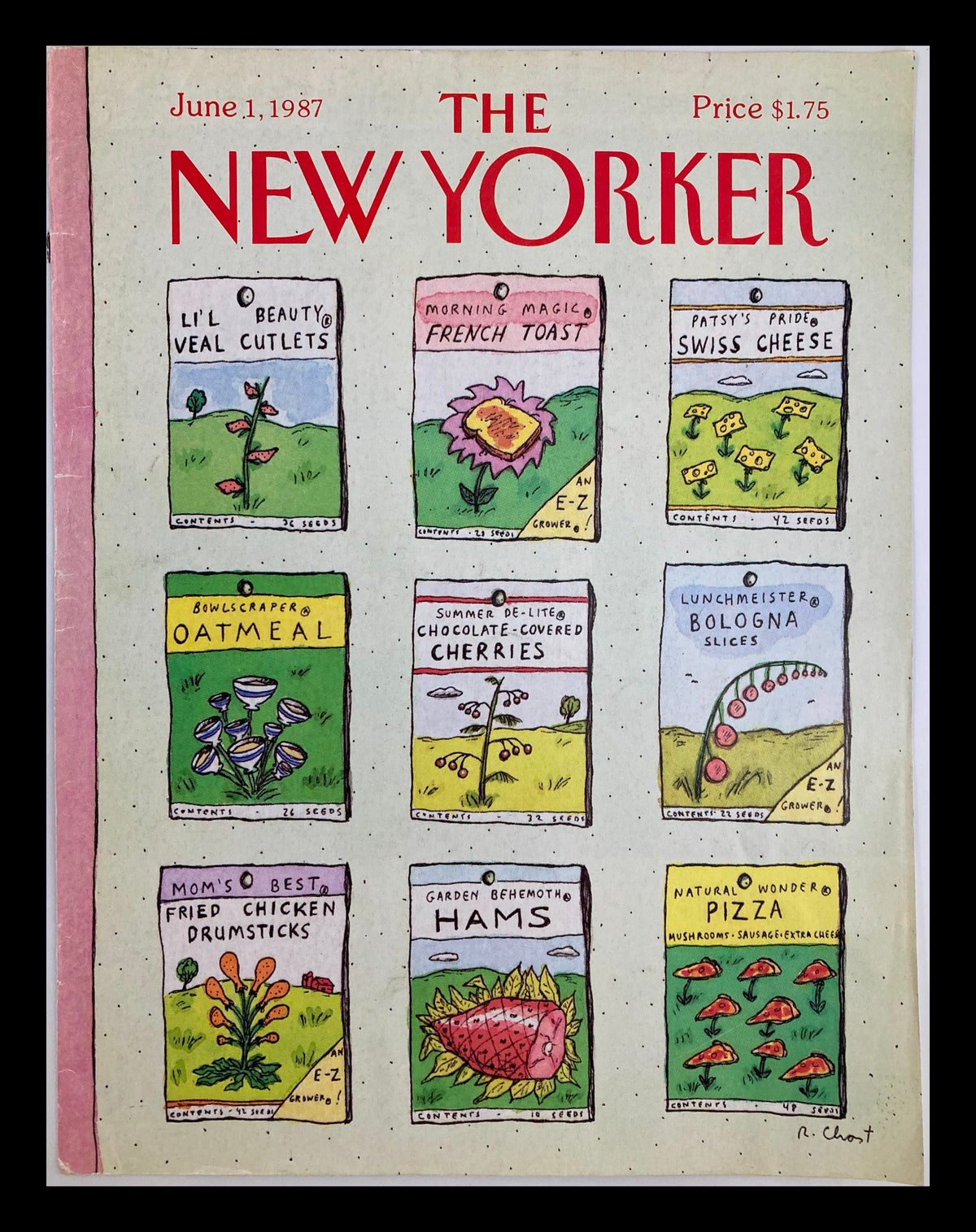COVER ONLY The New Yorker June 1 1987 Pocket Food Seeds by Roz Chast, featuring whimsical illustrated seed packets for various humorous food items including 'Li'l Beauty Veal Cutlets' and 'Natural Wonder Pizza.' The magazine cover captures the lighthearted essence of the 1980s.