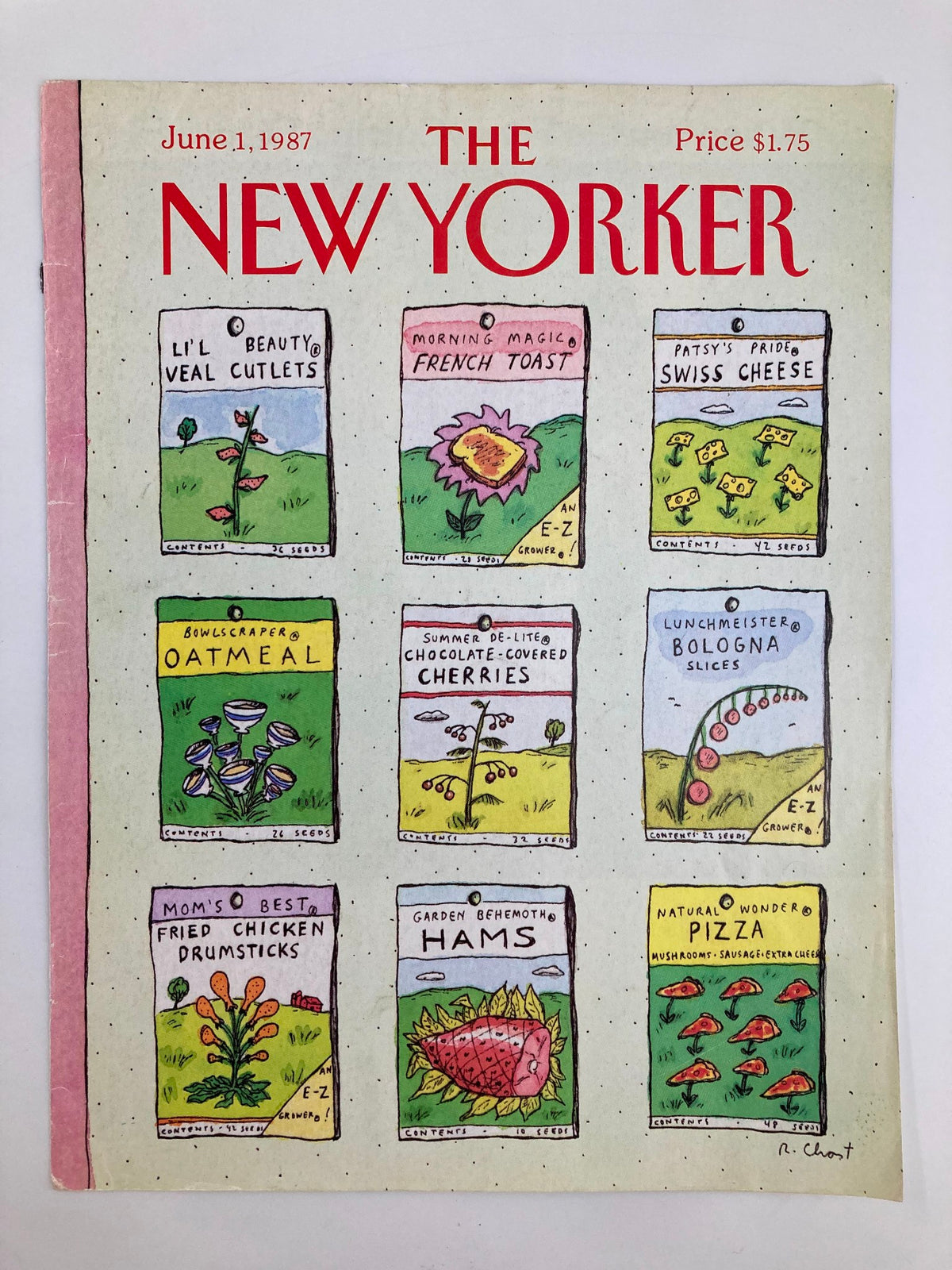 COVER ONLY The New Yorker June 1 1987 Pocket Food Seeds by Roz Chast, showcasing a colorful and playful design of illustrated food seed packets such as 'French Toast' and 'Fried Chicken Drumsticks.' A charming representation of culinary humor from the 1980s.