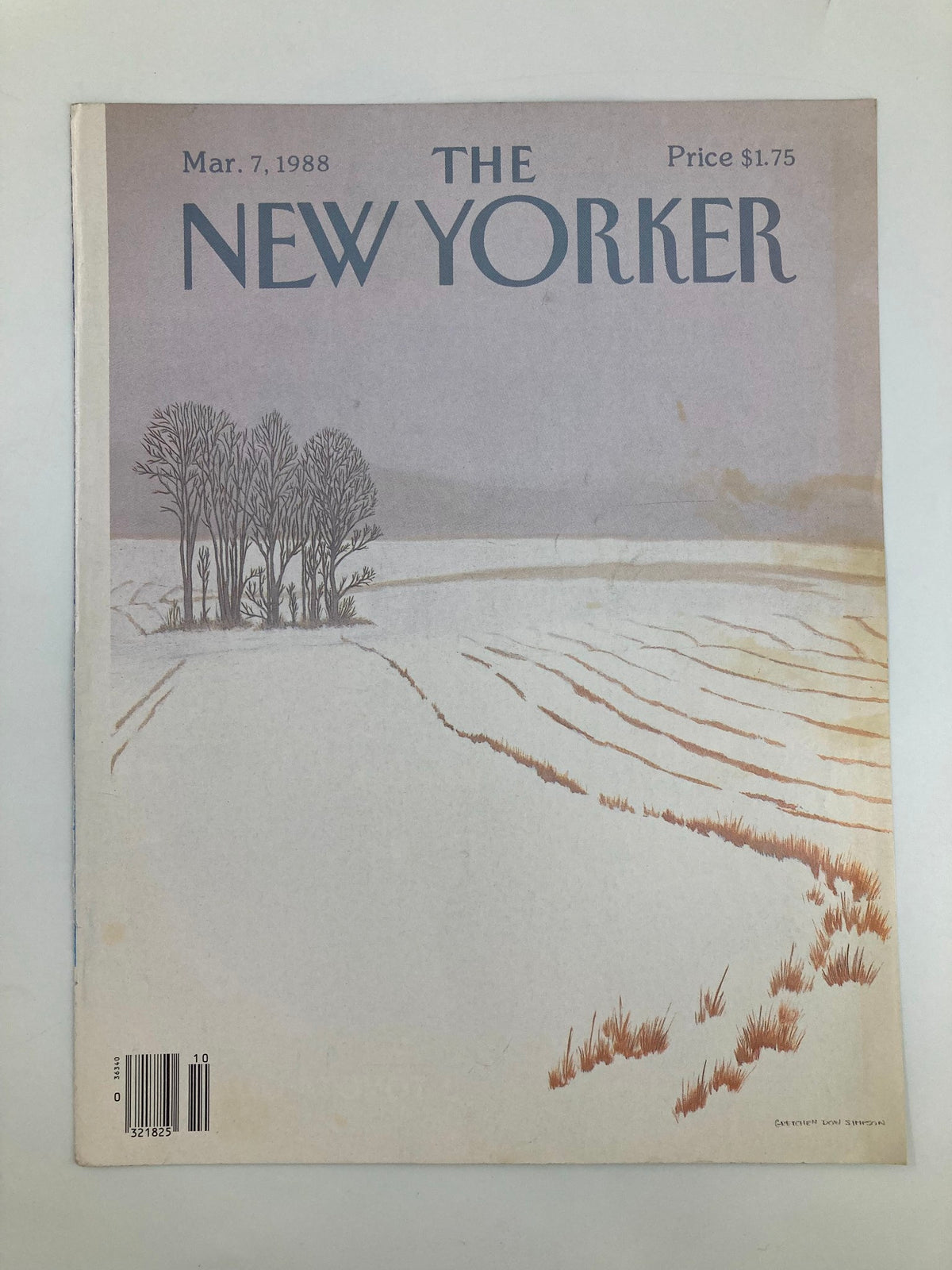 The New Yorker cover dated March 7, 1988, displaying 'White Pasture' by Gretchen Dow Simpson, depicting a tranquil snowy field with stylized trees.