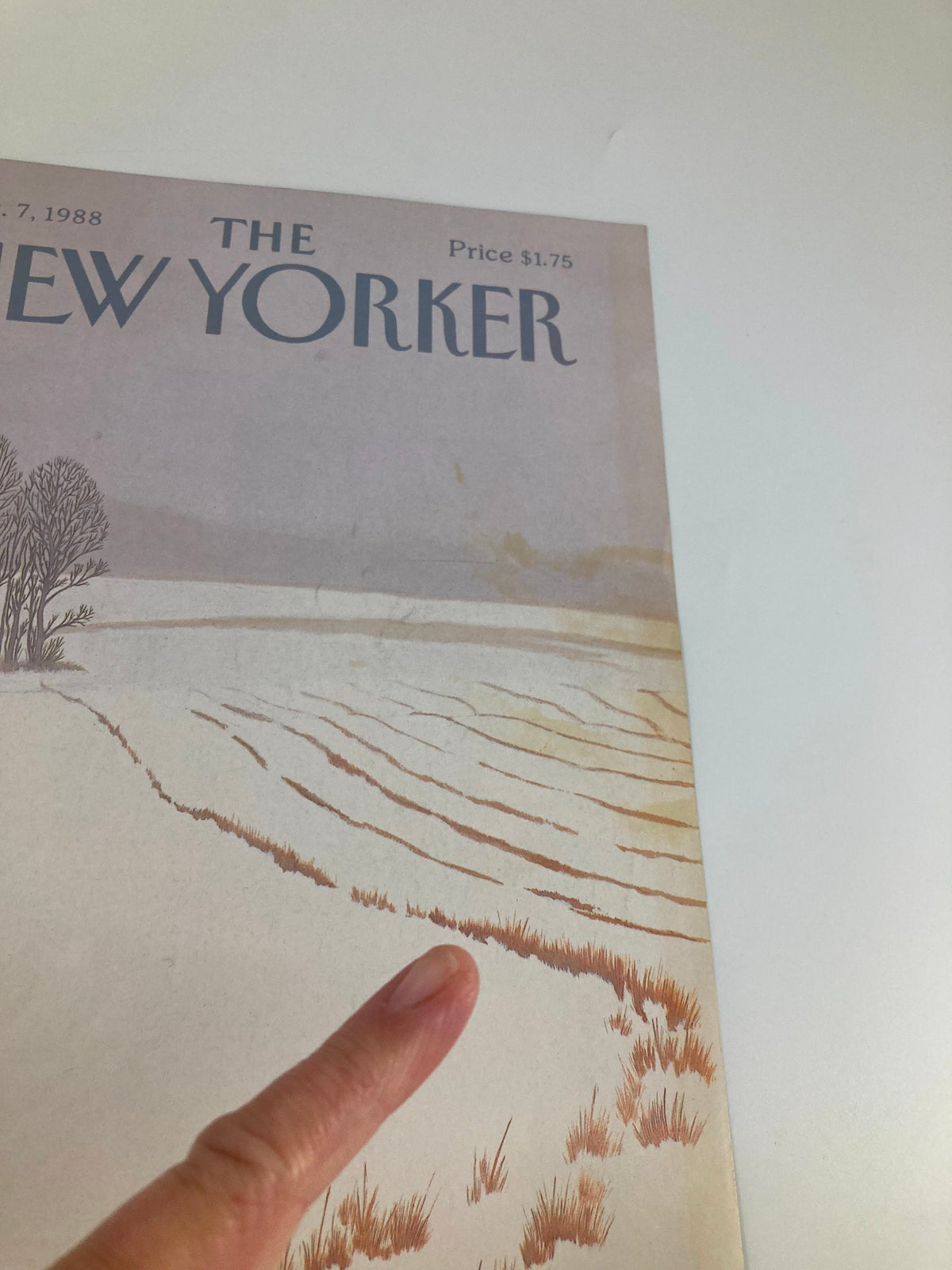 Close-up of The New Yorker cover from March 7, 1988, highlighting 'White Pasture' by Gretchen Dow Simpson, showing the detailed landscape and title lettering.