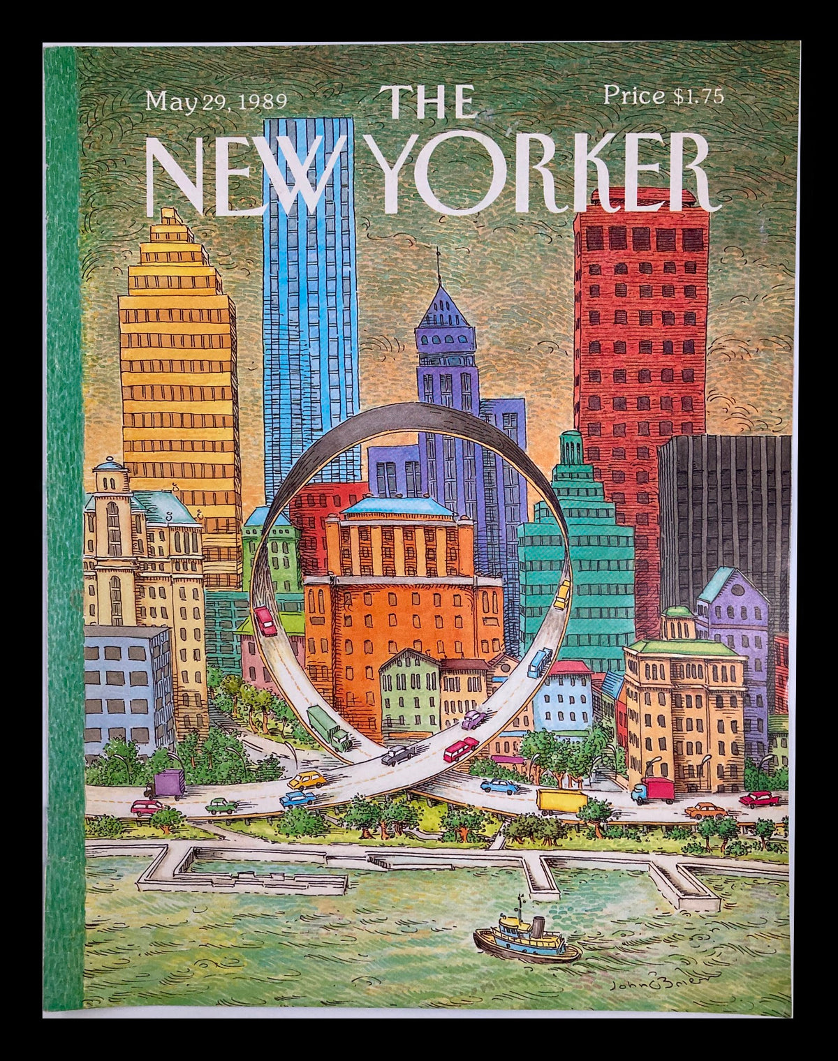 The New Yorker May 29 1989 cover art titled 'The Freeway' by John O'Brien, featuring vibrant city skyline illustrations and colorful cars on a winding road.